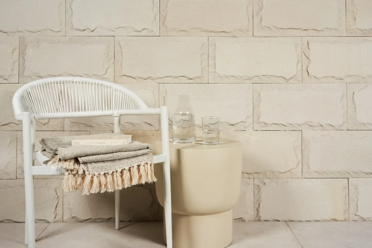 Mint White thin stone veneer wall cladding panel light exterior feature